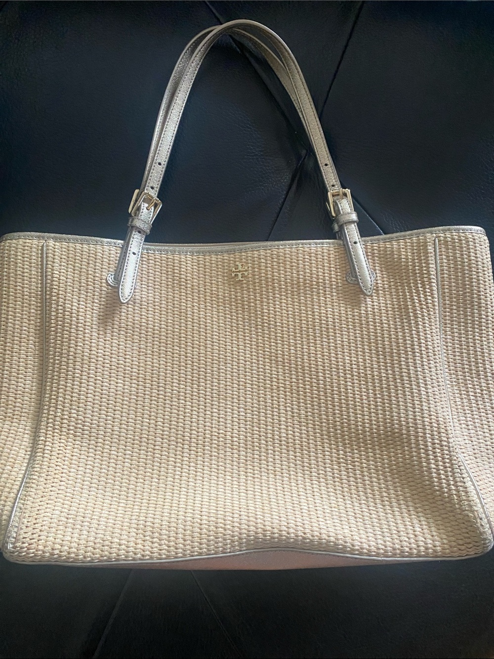 Tory Burch Natural Woven Tote with Leather Trim